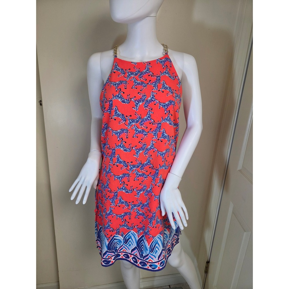Lilly Pulitzer Donna Romper Dress Coral Blue Zebra Chain Halter Size 6